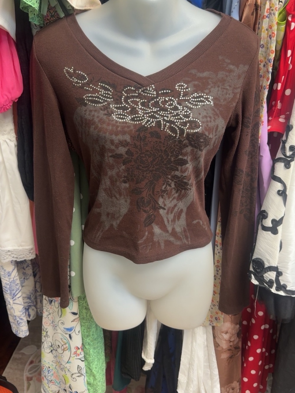 Y2K Brown V-Neck Long Sleeve Top with Rhinestone Detail